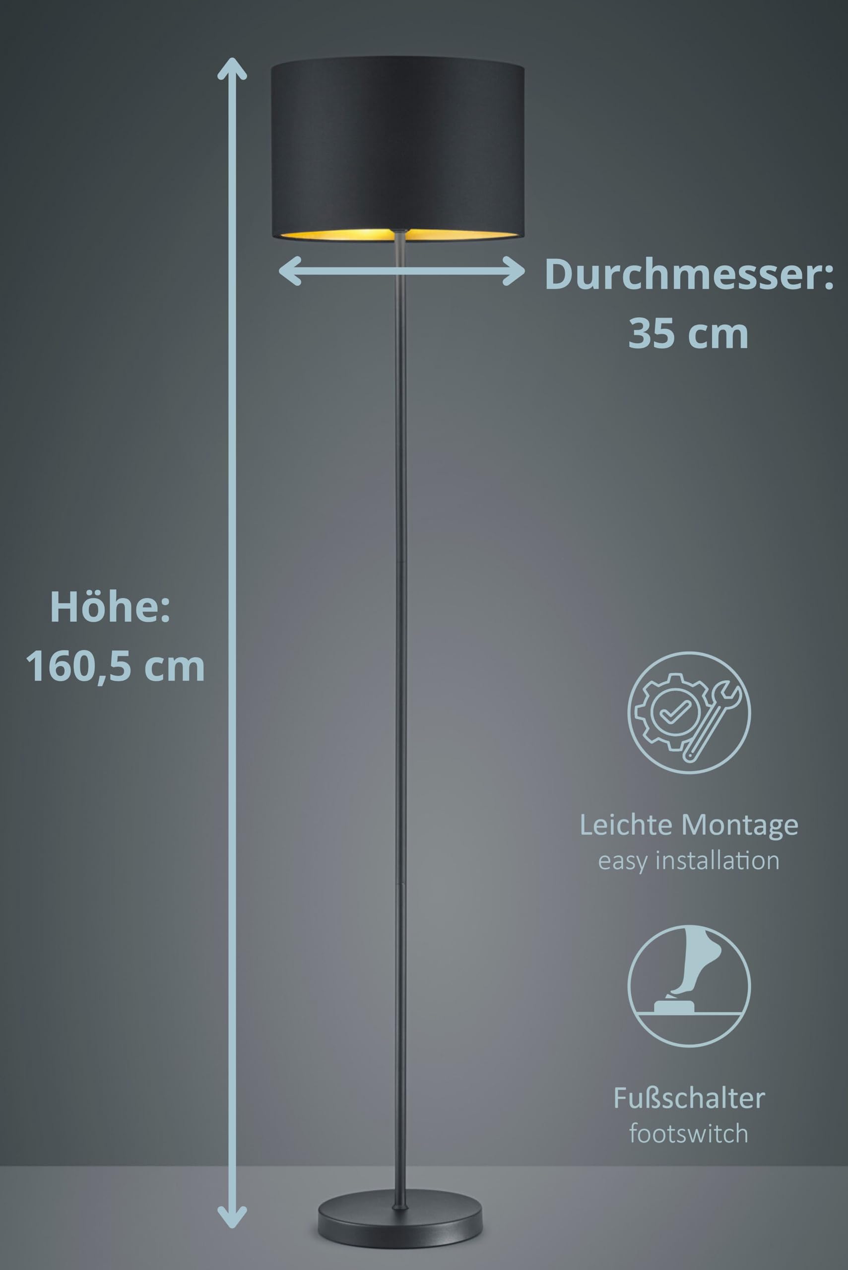 Stehlampe Benny mit Schirm aus Stoff in Schwarz, Innenseite Gold, Korpus Metall schwarz, Stehleuchte für Wohnzimmer, Schlafzimmer etc., exkl. 1x E27 (max. 60W). Höhe: 160cm, Ø 35 cm