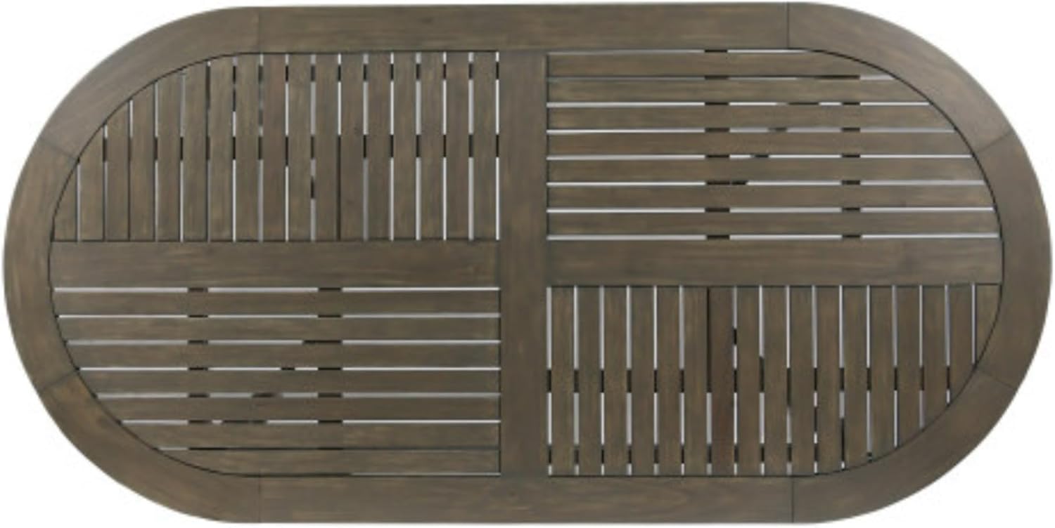 Outdoor Acacia Wood Oval Dining Table for Patio or Garden, 70 Inch Long Teak-Finish Tabletop with Slatted Design and Smooth Curved Legs, Ideal for Backyard Meals and Entertaining Guests Outside (Grey)