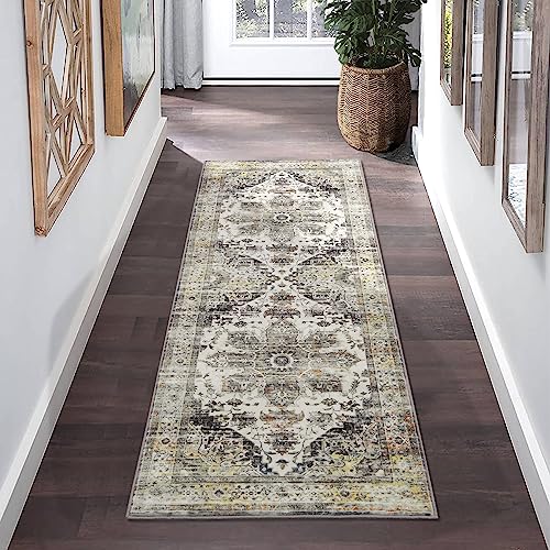 Garvee Washable Runner Rug 2x6 Feet Non-Slip Non-Shedding Persian Hallway Runner, Stain Resistant Vintage Distressed Kitchen Mat Laundry Entryway Carpet Runner for Doorway Bedside, Grey