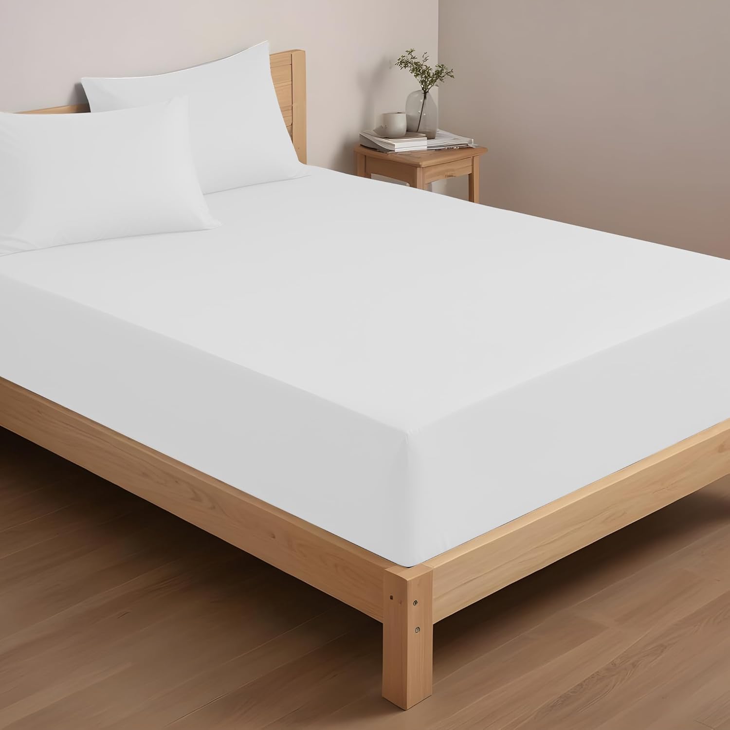 LINENWALAS 100% Cotton Percale Sheet Set Queen Size, Strong Breathable Crisp & Cooling Premium Cotton 4 Piece Sheet Set- 1 Flat, 1 Fitted, & 2 Pillowcases (White/Queen Size)