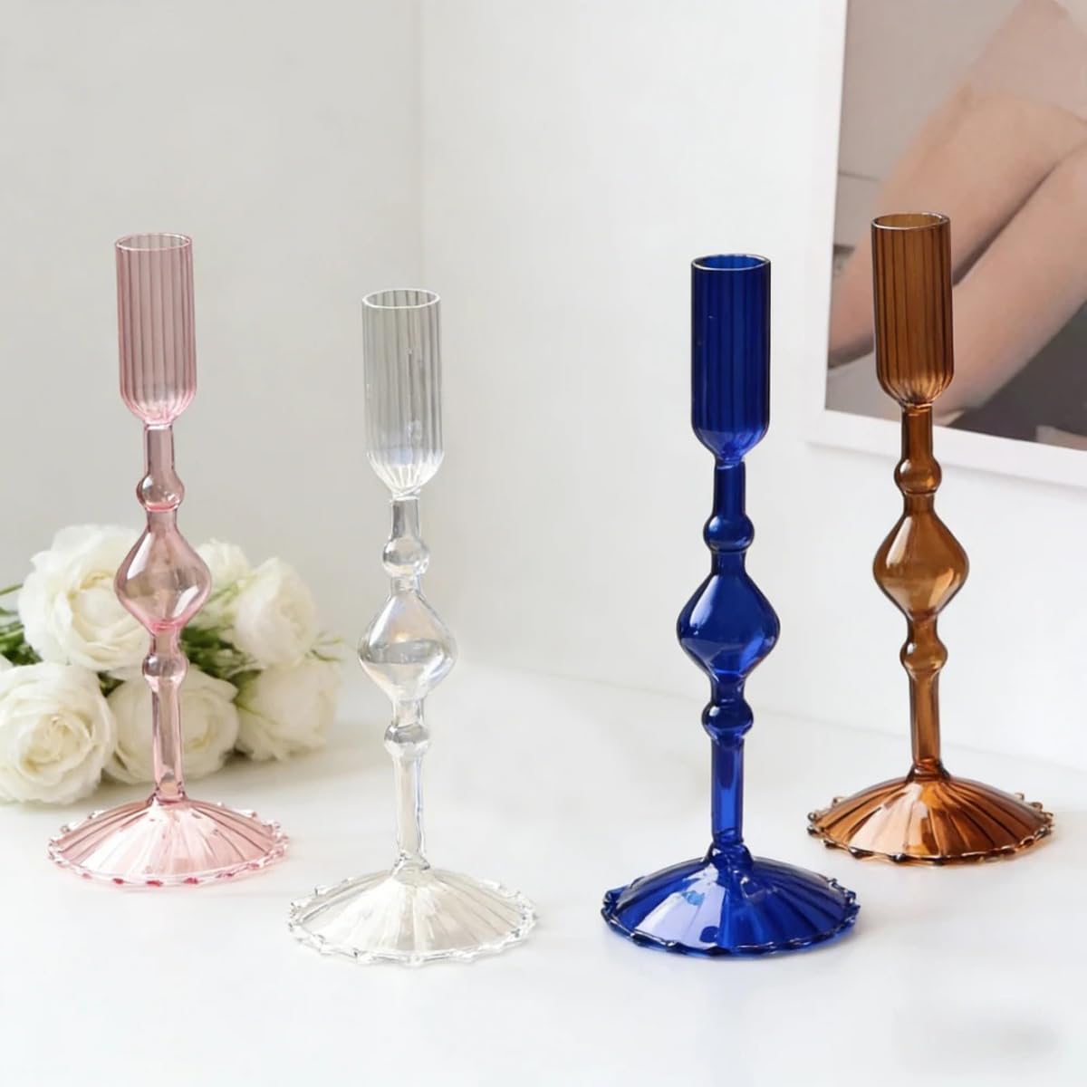 Set di 3 Eleganti portacandele a Cono, in Vetro, per centrotavola di Matrimoni, Stile D Trasparente