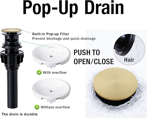 Miniatura 4 de Grifo de baño para fregadero de 3 agujeros de 8 pulgadas, oro cepillado, grifo de fregadero de baño con drenaje desplegable, grifo de baño