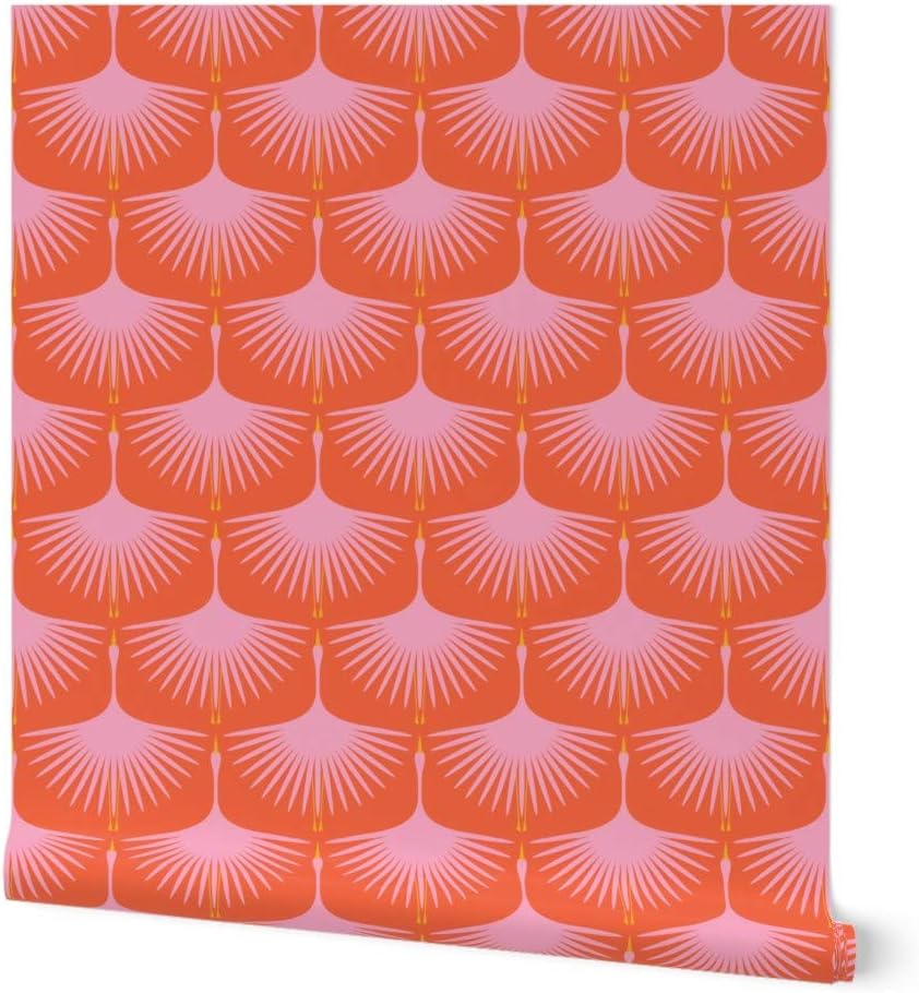 Peel & Stick Wallpaper 3ft x 2ft - Art Deco Crane Pink Red Orange Retro Vintage Bird Swan Custom Removable Wallpaper by Spoonflower