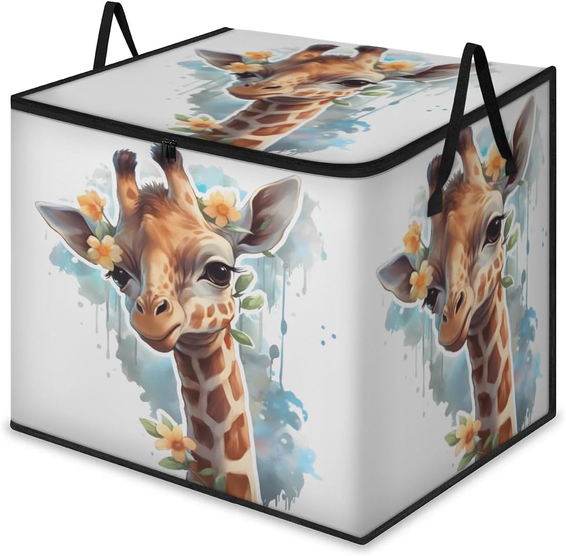 Honeybaby 214L Extra Large Comforter Storage Bag Pattern Giraffe Floral Storage Totes with Lids Waterproof Closet Organizer Folding Blanket Storage Bags for Clothes Bedding Pillows