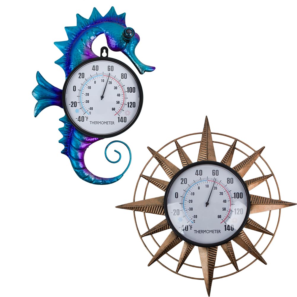 14'' Seahorse & Sun Outdoor Thermometer for Patio, Metal Wall-Mounted Thermometer No Need Battery Deor for Outside, Garden Living Room