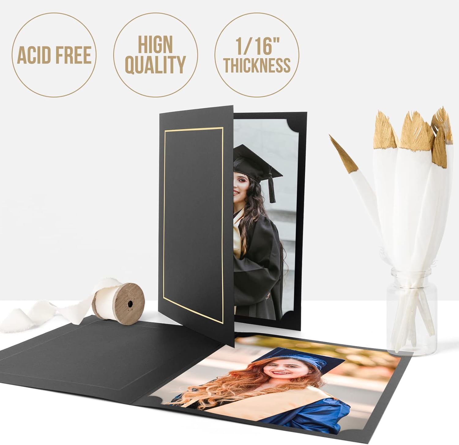 Golden State Art, Pack of 25, 8.5X11 Photo Folders, Cardboard Picture Frame, Paper Frame Cards, Special for Certificate Document Holders, Diploma Award Holders(Black with Gold Lining)