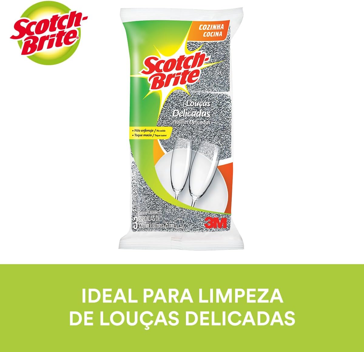 Scotch-Brite, 3M, Esponja Prateada, Pacote com 3 unidades