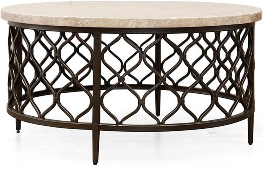 BOWERY HILL Round Coffee Table, 36 in White Stone Top with Bronze Powder Coated Metal Base, Metal Fretwork Design, Modern Style Living Room Table