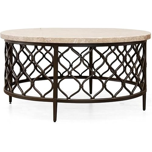 BOWERY HILL Round Coffee Table, 36 in White Stone Top with Bronze Powder Coated Metal Base, Metal Fretwork Design, Modern Style Living Room Table