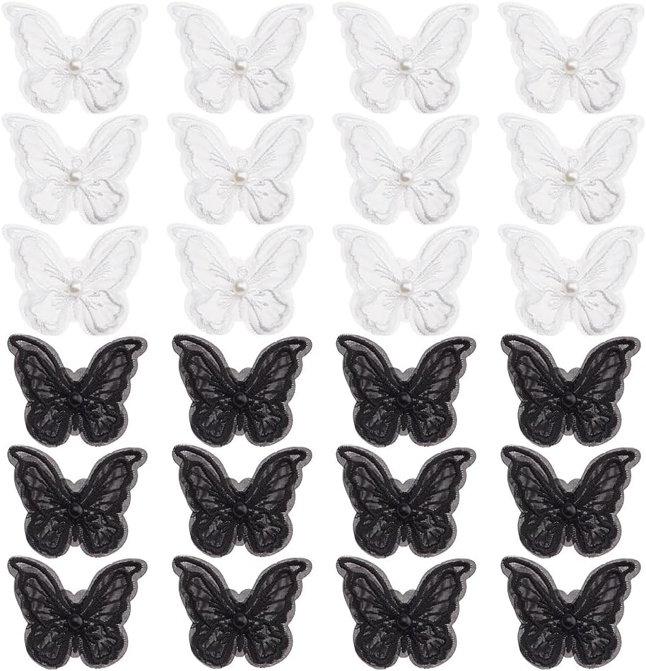24Pcs 8 Colors Butterfly Lace Patches Double Layer Organza Appliques Butterfly Applique Embroidery Sew on Decorative Patch for Wedding Bride Hair Dress Accessories Curtain Hats