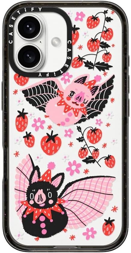 CASETiFY Impact Case for iPhone 16 [Slim / 8.2 ft. 4X Military Grade Drop Protection/Wireless Charging Compatible] - Strawberry Bats - Clear Black