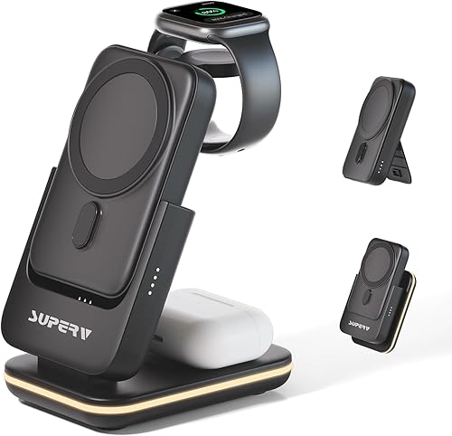 Miniatura 6 de SUPERV Estación de carga 4 en 1, plegable de 5000 mAh, soporte de cargador extraíble, banco de energía magnético portátil para iPhone 1615141312