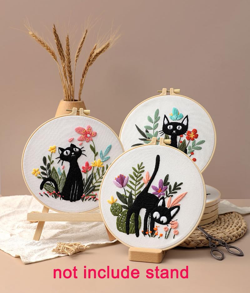 Image of Konrisa 3pcs Embroidery Kits for Beginners Creative Black Cat and Flower Pattern Cross Stitch Practice Kit DIY Sewing Needlepoint, Include 1pcs Hoop