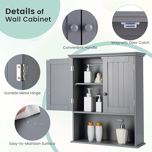 Miniatura 6 de Giantex Armario de baño montado en la pared, gabinete de almacenamiento de baño con estante ajustable, gabinete de pared de baño de 2 puertas,