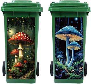 Peacoblue Wheelie Bin Stickers 2 Sheets Mushrooms and Forest Sticky Dustbin Stickers Decals, 15in x 32in Waterproof Large Wraps for Trash Cans Bins Driveway Garden Outdoor Indoor Patio Decor
