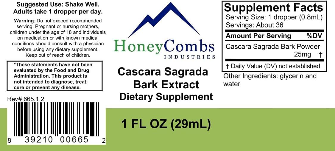 HoneyCombs Cascara Sagrada Supplement – Herbal Laxative, Colon Cleanse and Stool Softener –Organic Cascara Natural Bark Drops – Alcohol-Free, Cold Pressed Cascara Sagrada Liquid, 16 Fl Oz