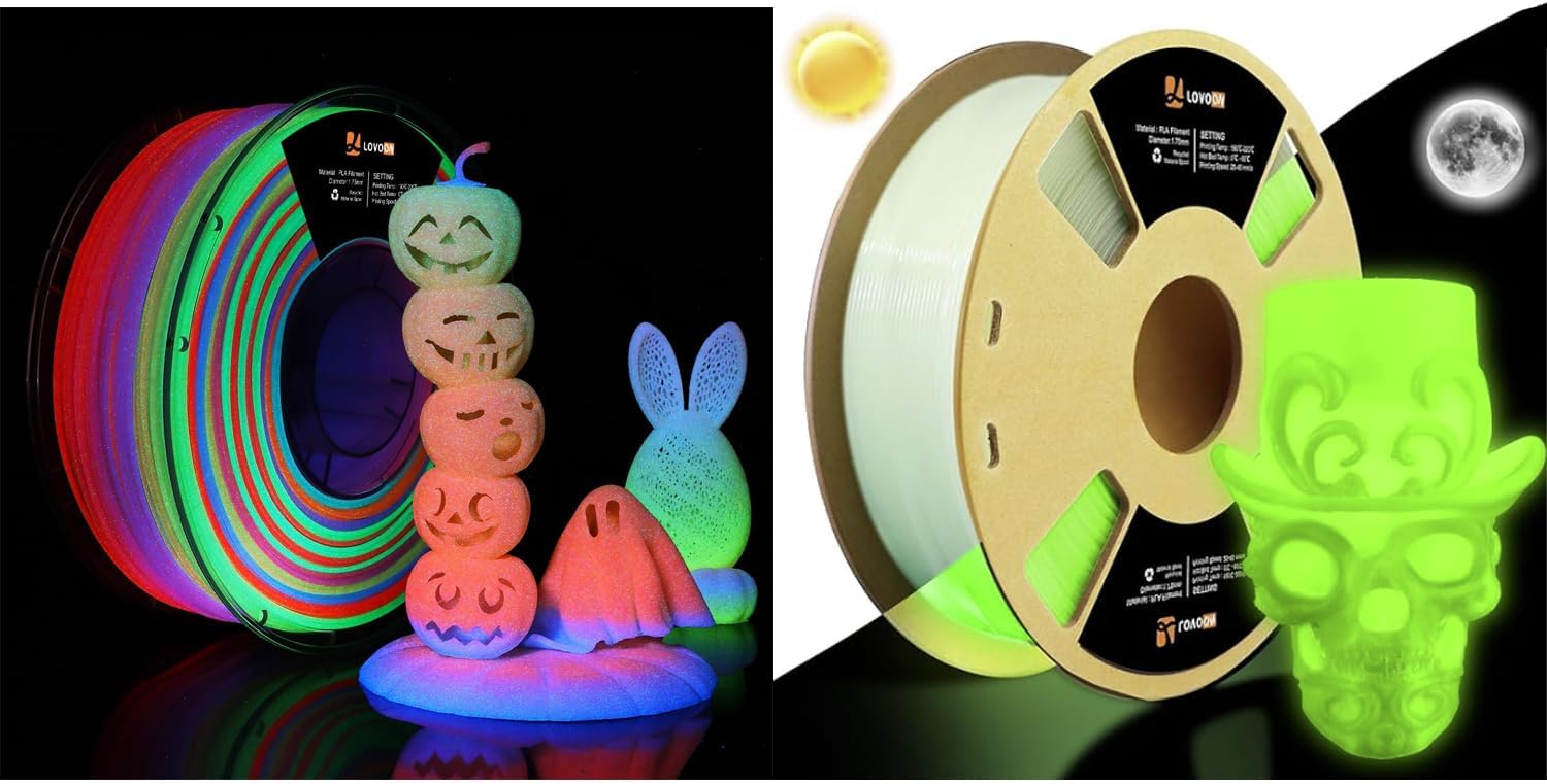 2 Pack PLA Printer Filament 1.75mm, Luminous Glow-Rainbow-6 with Glow-Green, Dimensional Accuracy +/-0.02mm, 2KG