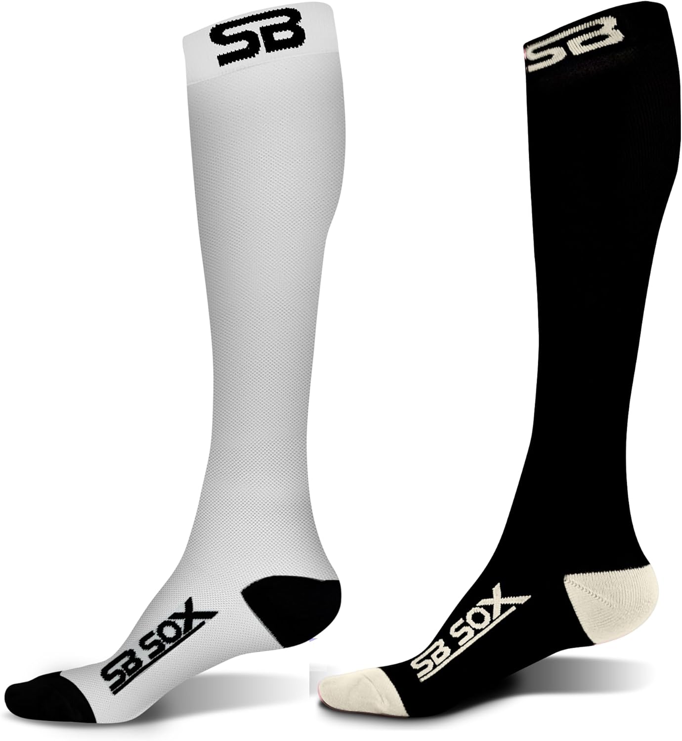 SB SOX - 2 Pairs Compression Socks, Size Large (White/Black + Black/Beige)