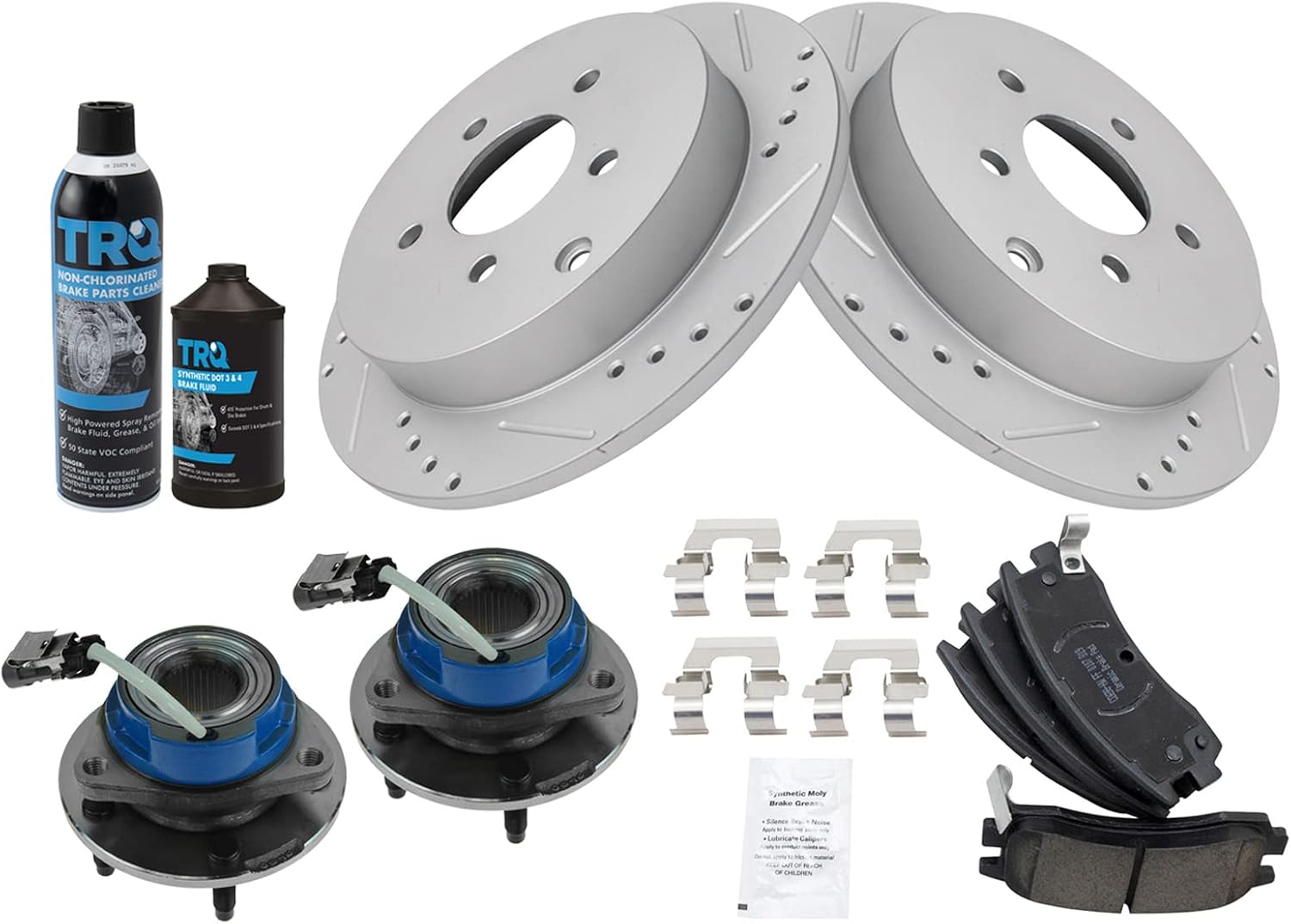 TRQ Rear Wheel Hub Ceramic Brake Pad Performance Rotor Kit Compatible with Buick Chevy