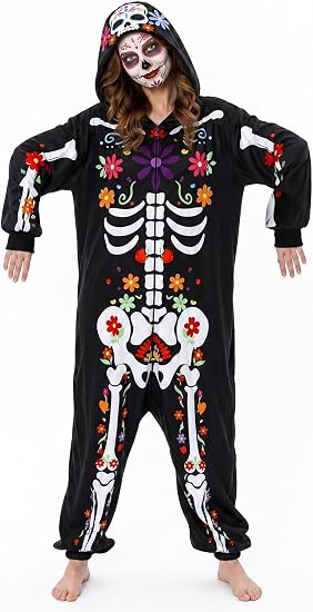 Adult Floral Skeleton Onesie Costume - One-Piece Pajama for Halloween Women