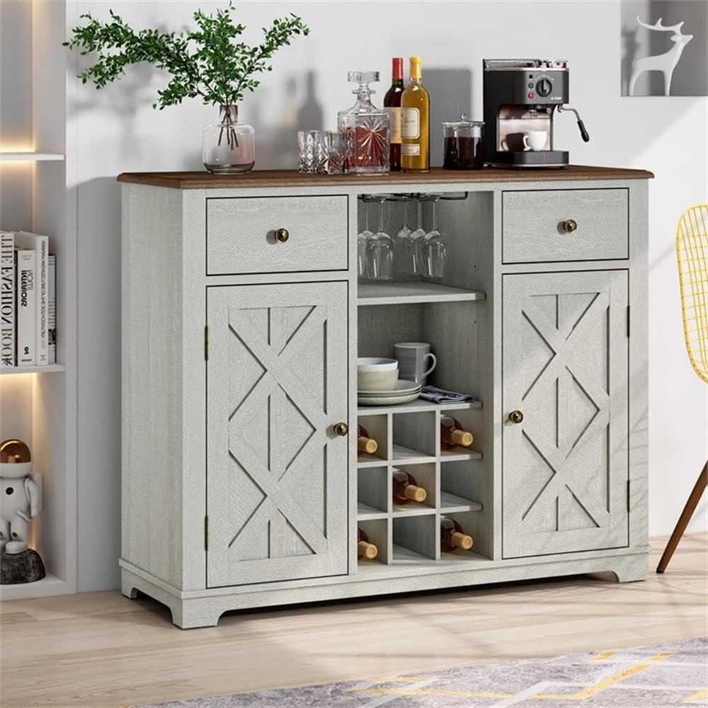 Pemberly Row 47 in. Wood Bar Cabinet, Off White Finish, Brushed Nickel Knobs, Built-in Wine Rack Holds 9 Bottles, Storage Shelves and Drawers, Stemware Racks, Home Bar Furniture
