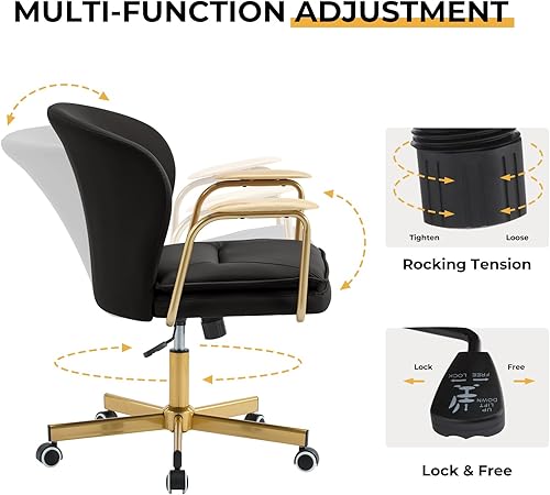 Miniatura 5 de Furniliving Sillas de oficina de cuero, silla de oficina dorada, silla giratoria ajustable para computadora con patas doradas y reposabrazos