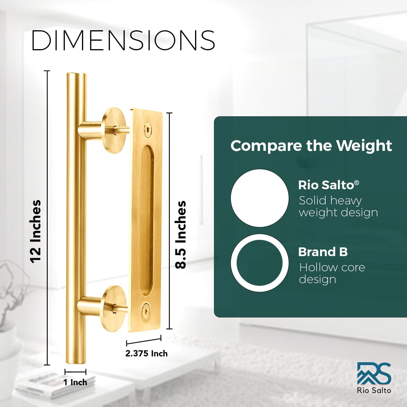 Rio Salto 12-Inch Gold Barn Door Handle Kit Closet Door Handle Solid Aluminum Brass Finish Pull Handle Flush Handles Hardware Large Sliding Door Handles 1-Door (Gold - 1Pack)