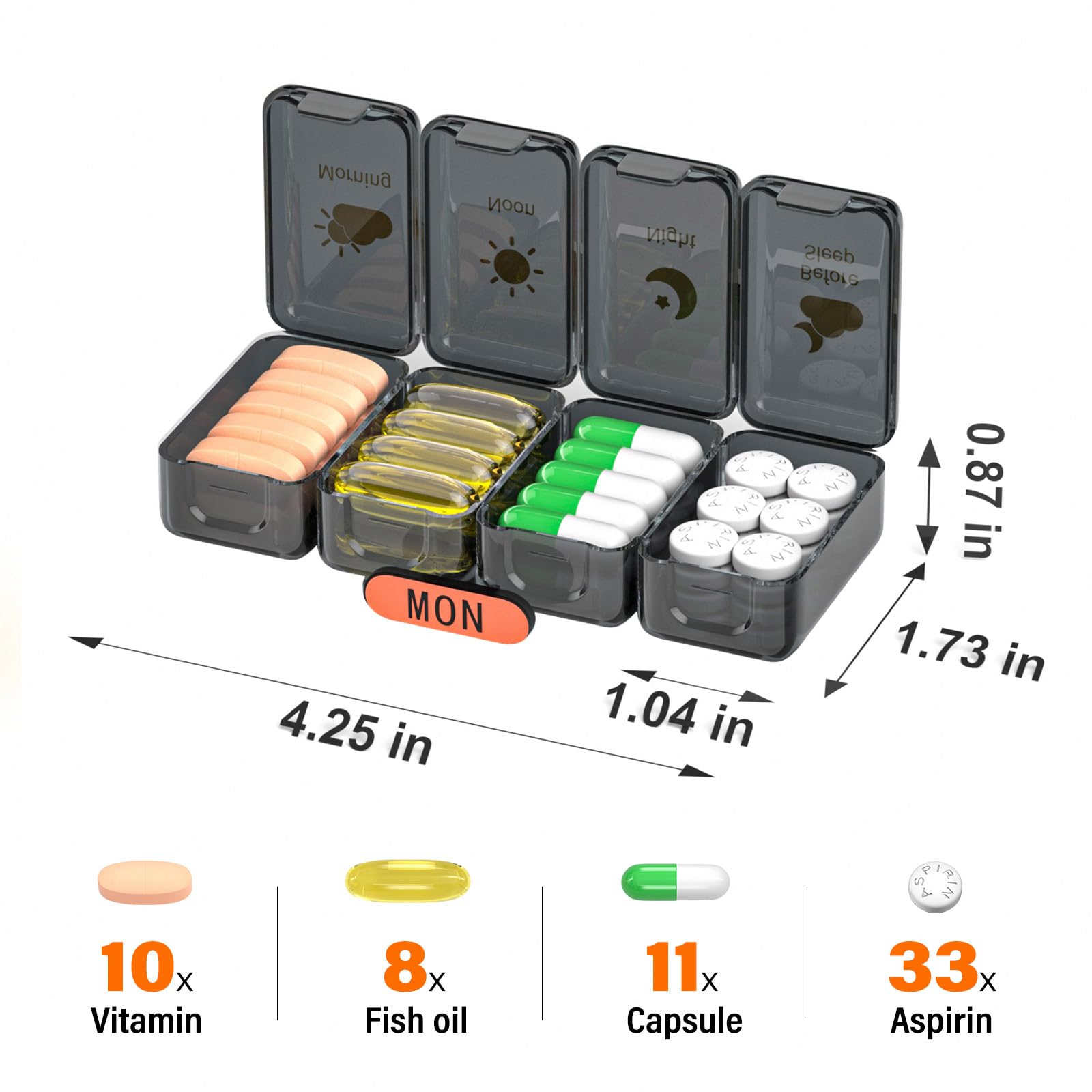 Tygodniowy organizer na tabletki 4 razy dziennie, duże przegródki, pudełko na tabletki, 4 x 7 dni, organizer na leki, tabletki, witaminy, oleje rybne, leki, suplementy, czarny