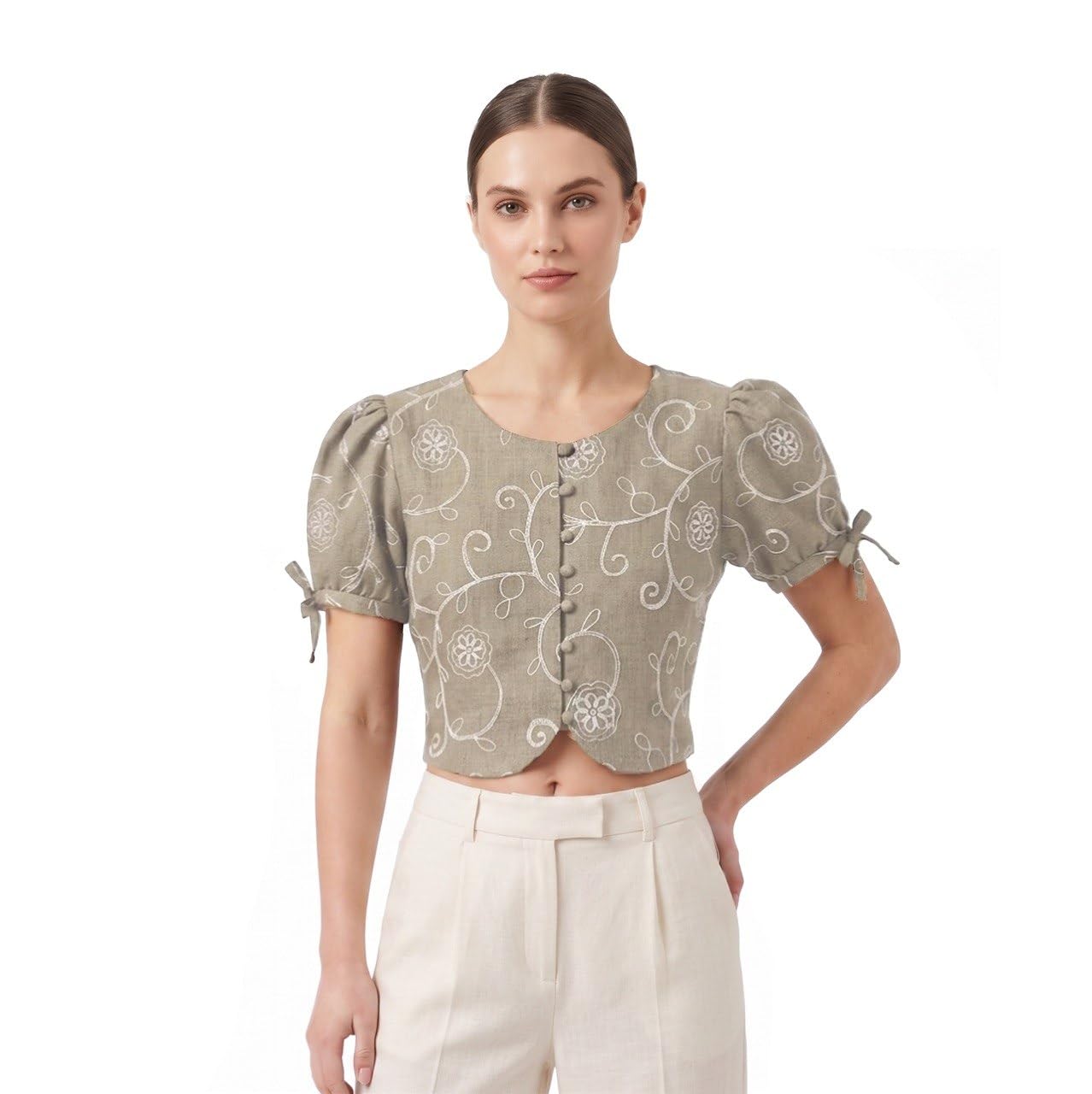 Women's Embroidered Linen Crop Top, Light chiku, Puff Sleeves with, Button-Front, Floral Pattern-picture-34