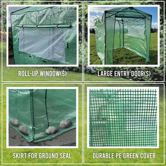 Four panels illustrating key features: a roll-up window, a large entry door, a skirt for ground seal, and the durable PE green cover material.