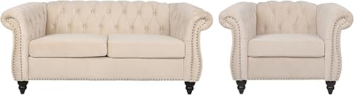 Miniatura 4 de RARZOE Chesterfield - Juego de sofá biplaza, beige, espuma, 1+2 plazas, 67 pulgadas de ancho x 32 pulgadas de profundidad x 27 pulgadas de alto