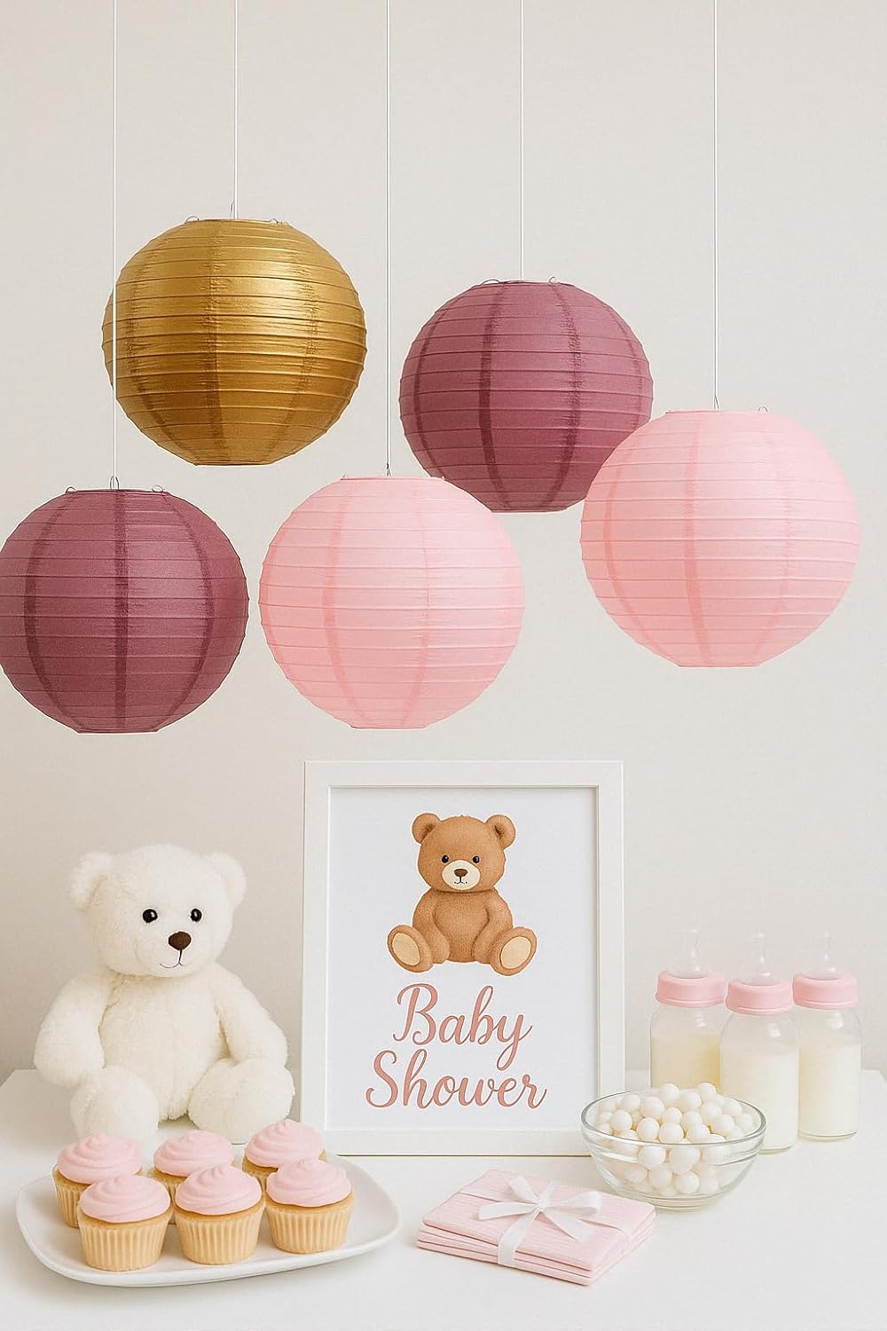 Andaz Press Burgundy Blush Paper Lanterns Party Decorations Set of 6, Dusty Rose Hanging Paper Lanterns for Bridal Shower Birthday Prom Wedding Mauve Pink and Gold Assorted Decorative Lantern Set