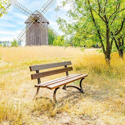 REKORD Gartenbank 170 x 59 x 73 cm Robuste Parkbank aus Metall und Holz mit Rückenlehne wetterfeste Outdoor Sitzbank Bank für Garten Terrasse Balkon Vorgarten – Lodzka - Palisander