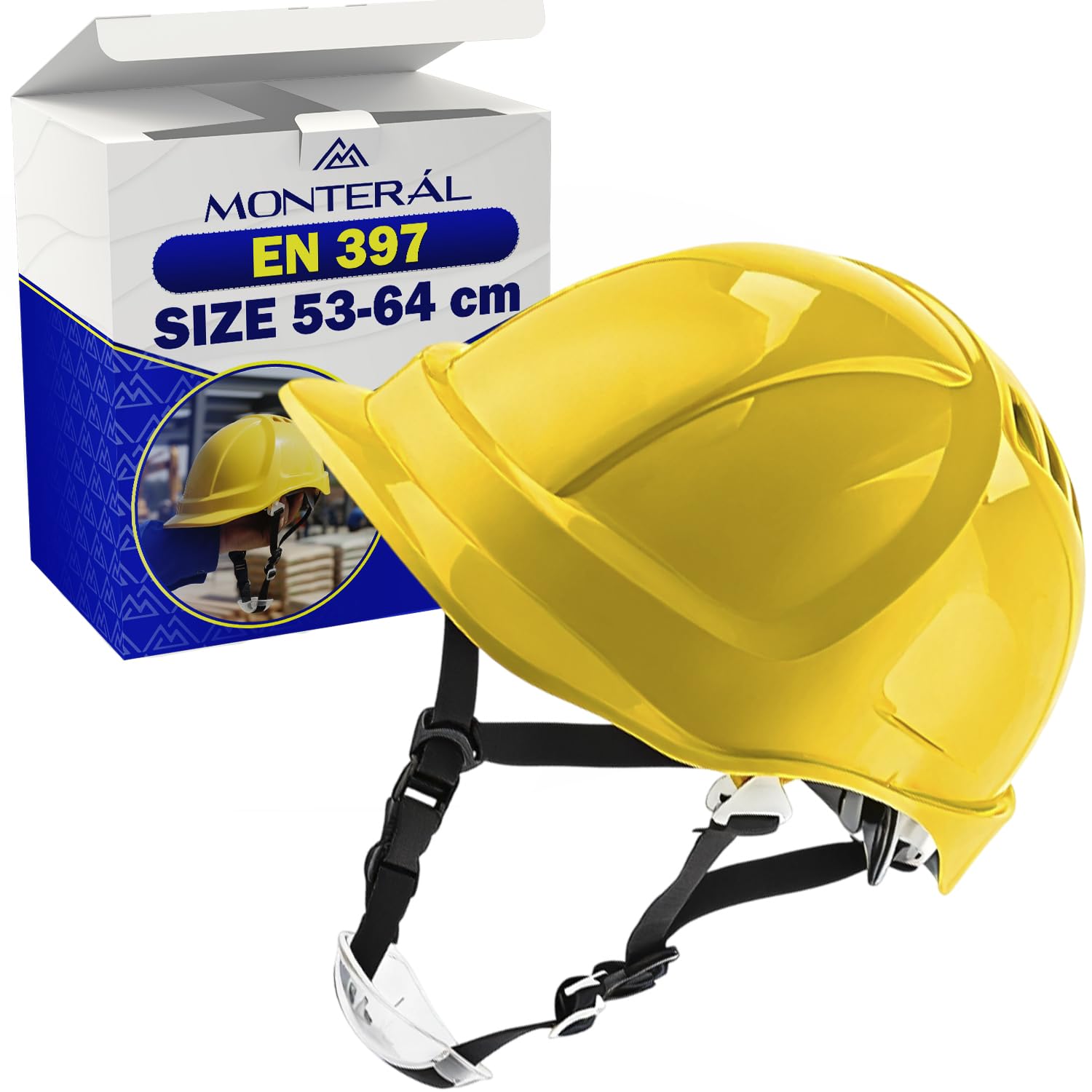 Casco de Obra Homologado EN 397 Talla 53-64 cm en Plástico ABS | Casco de Seguridad Profesional Amarillo con Barboquejo y Orificios de Ventilación - Garantía de 10 Años - MONTERAL