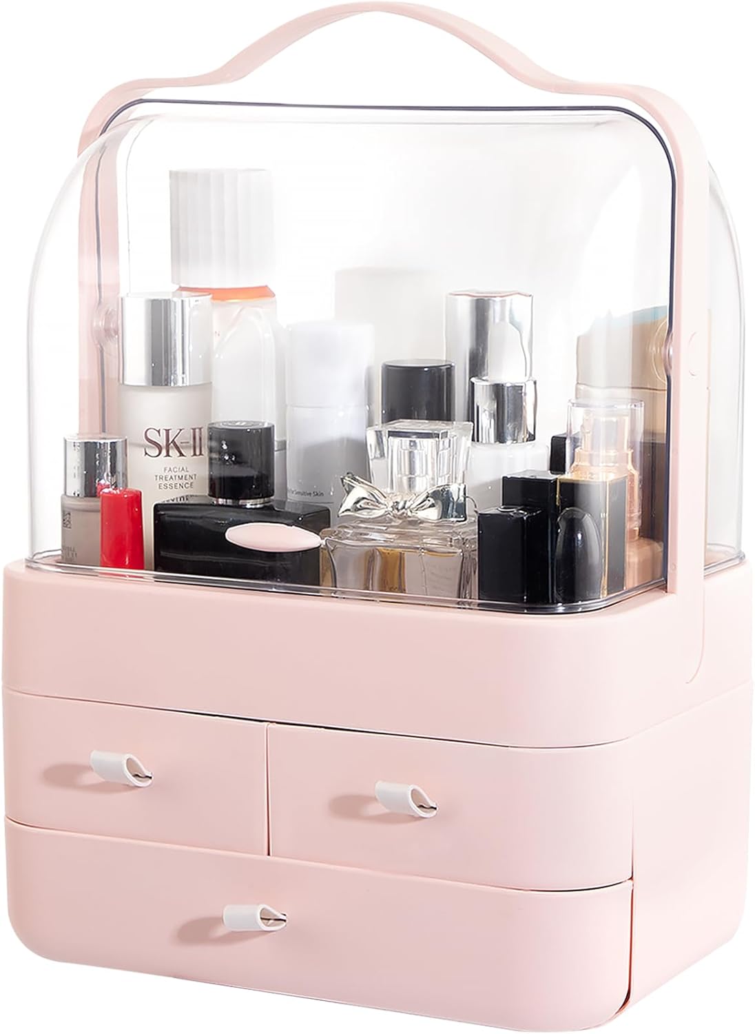 Nervure Pink Makeup Organizer - Cosmetic Storage Box with Lid - Makeup Organizer Storage Drawersr with Dust Free Cover and Portable Handle for Bathroom Countertop & Dresser & Gift
