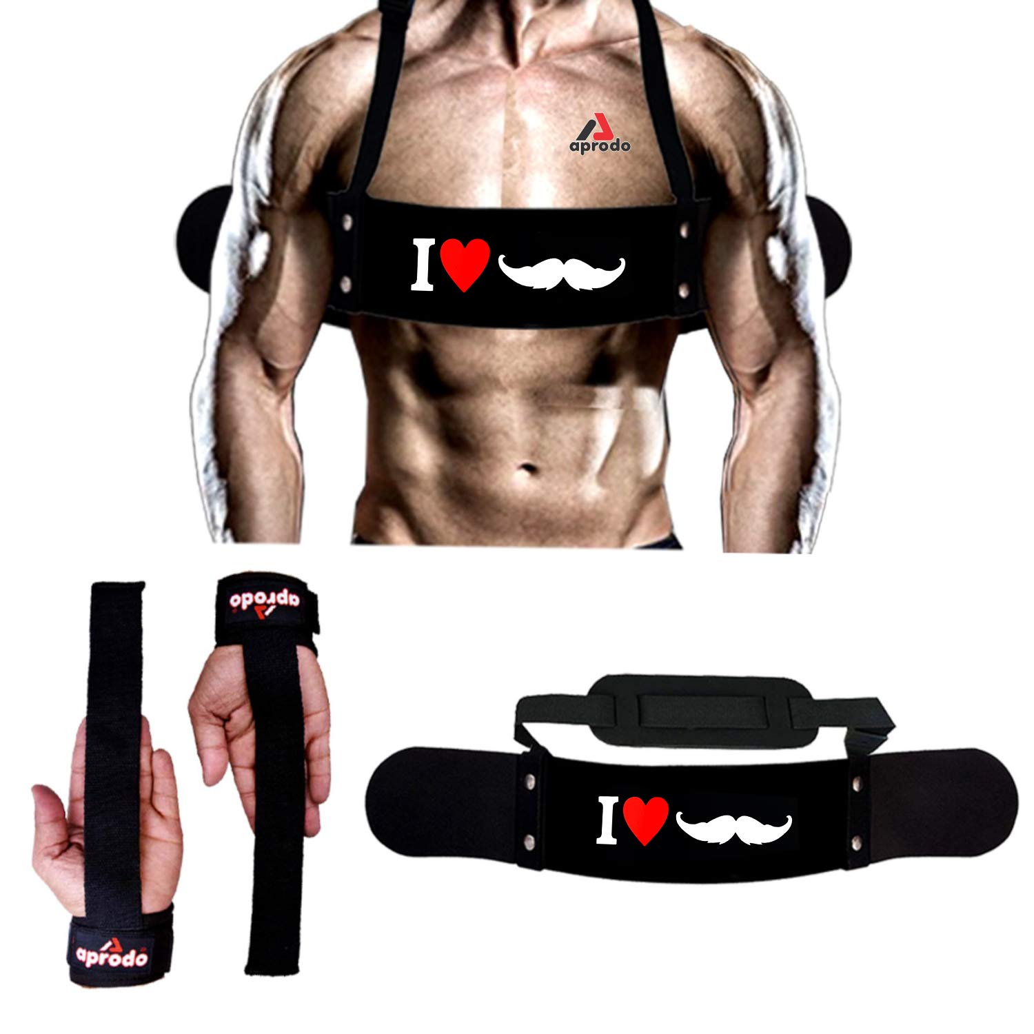 Aprodo Gym Fitness Combo (Arm Blaster with Weight Lifting Strap) (I Love Mooch & Black WLS)-image-43