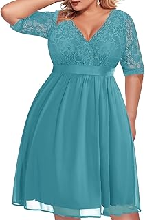 Plus Size Lace Chiffon Wrap V Neck Dresses Women Cocktail Wedding Guest Midi Dress - Buy now