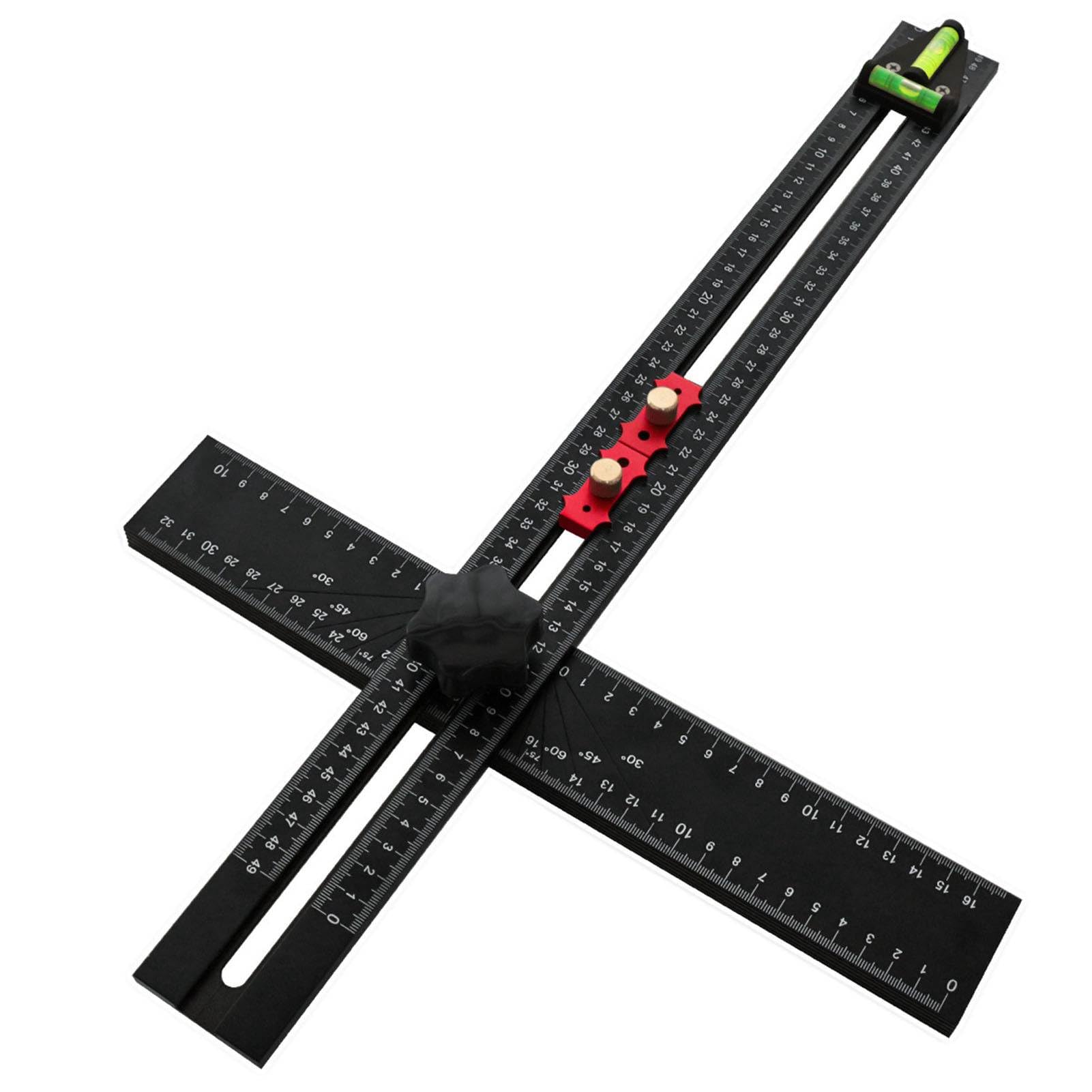Équerre en T de 54 cm avec niveau à bulle, outil de mesure multi-angles pour le travail du bois, règle combinée réglable avec angles de 45° et 90°, alliage d'aluminium, noir