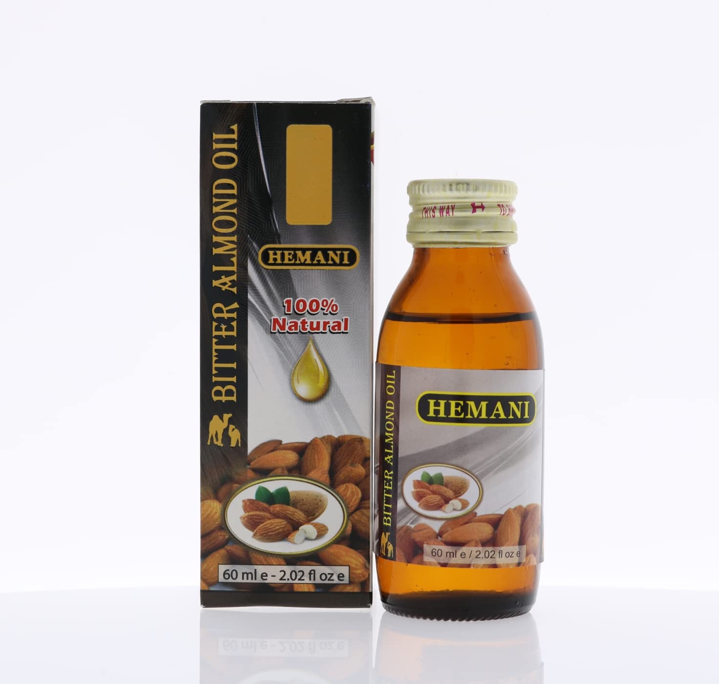Hemani Bitter Almond Oil 60mL - Nature's Gift for Glowing Skin, Hair & Nails, Soothing Aromatherapy for Mind & Body, 100% Pure & Natural Bitter Almond - Aceite de Almendra Amarga