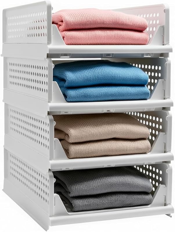 Goderewild Stackable Foldable Storage Baskets, Folding Storage Bins, Closet Organizers and Plastic Drawer Shelf Storage Container for Wardrobe, Cupboard, Kitchen, Bathroom, Office (White, 4S)
