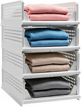 Goderewild Stackable Foldable Storage Baskets, Folding Storage Bins, Closet Organizers and Plastic Drawer Shelf Storage Container for Wardrobe, Cupboard, Kitchen, Bathroom, Office White, 4S