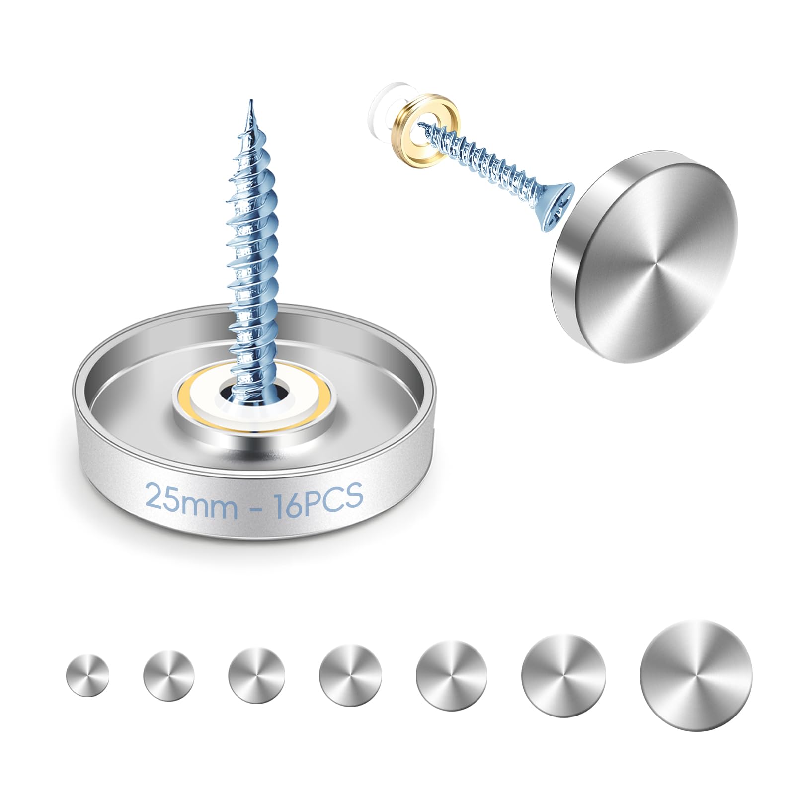 mawmuaw 25 mm Mirror Screws 16 Pcs Decorative Screws Stainless Steel Mirror Nails with Caps Screw Brass and Rubber Washer for Glass Mirrors Bathroom Panels Tables Wardrobes Furniture Advertising Sign
