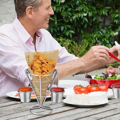Miniatura 2 de DOITOOL Cono de soporte de metal para papas fritas, 3 cestas de alambre para servir papas fritas con 2 salsas para aperitivos y exhibición de pollo