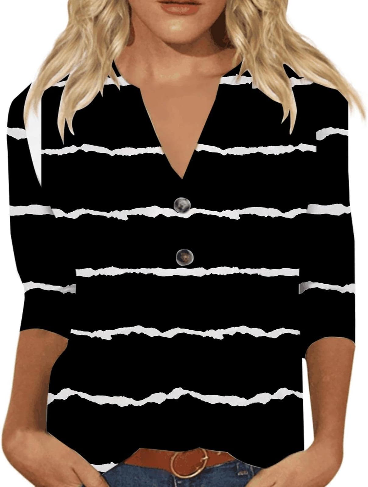 Womens V Neck Tops Dressy Casual 3/4 Sleeve Tees Spring Blouse Floral Print T Shirts Loose Fit Button Up Tunic Tees