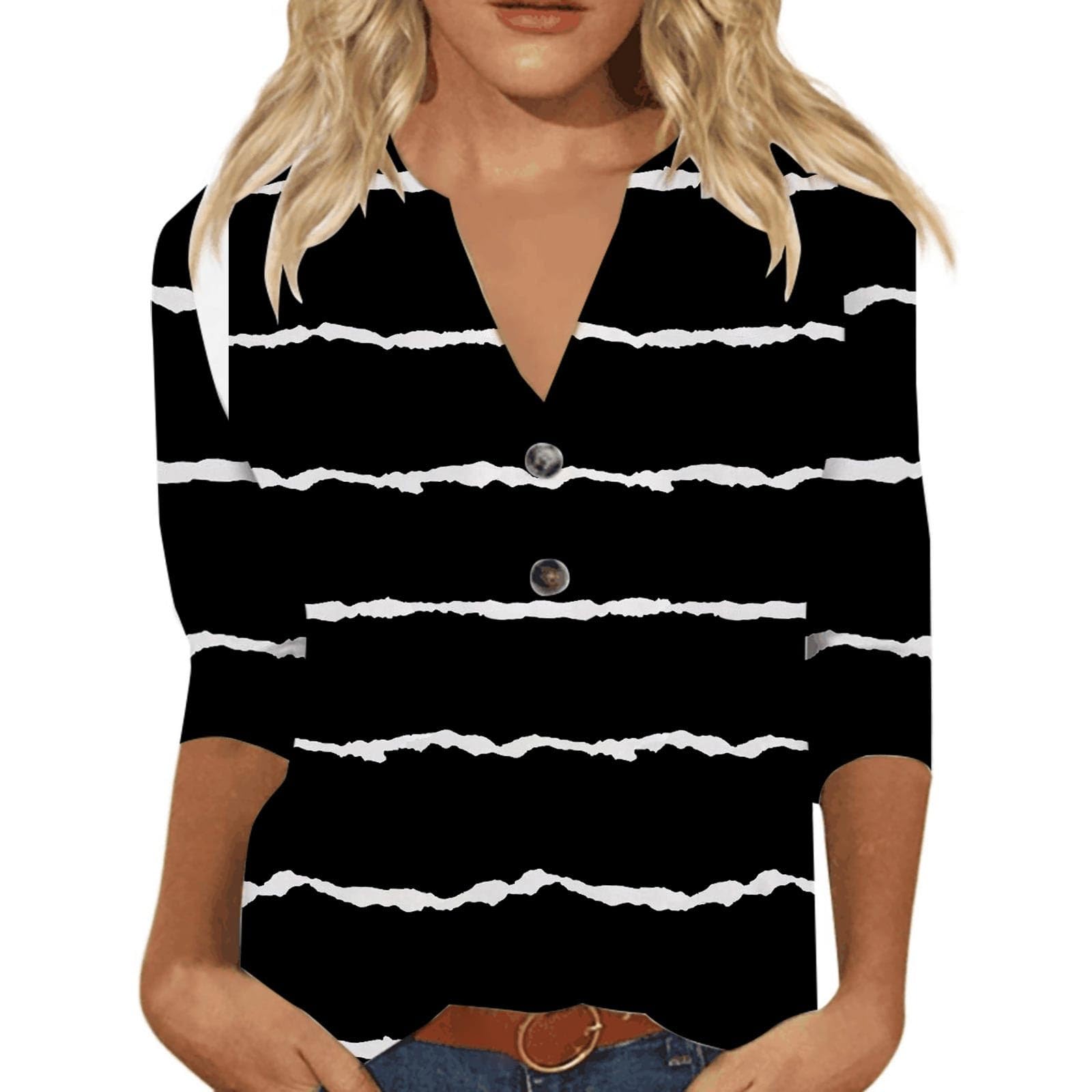 Womens V Neck Tops Dressy Casual 3/4 Sleeve Tees Spring Blouse Floral Print T Shirts Loose Fit Button Up Tunic Tees