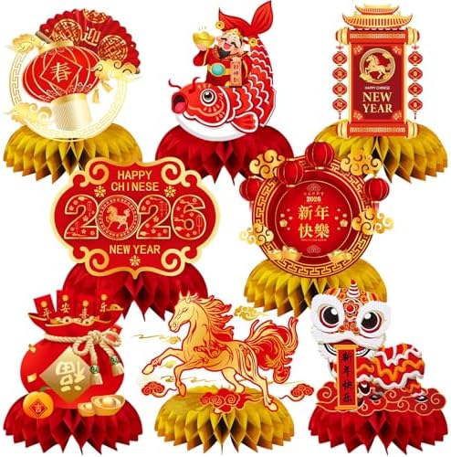 JULMELON Chinese New Year Decorations 2026 Happy New Year Honeycomb Centerpieces, 8 PCS Red and Gold Year of the Horse Table Toppers Decor for Decorations Spring Festival Supplies