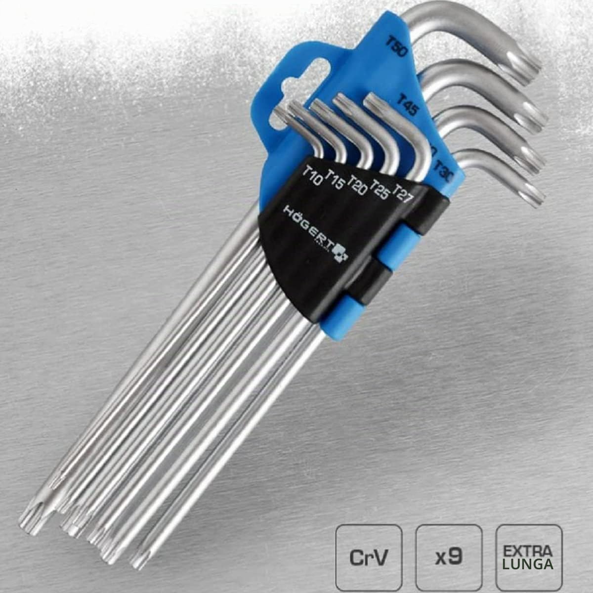 Högert Technik - Set Chiavi Chiavi a Brugola Lunghe, Kit Chiave, Misure da T10 a T50 Set, Acciaio Cromo-Vanadio Set Resistente alla Deformazione e all'Usura - HT1W818, 9 Pezzi
