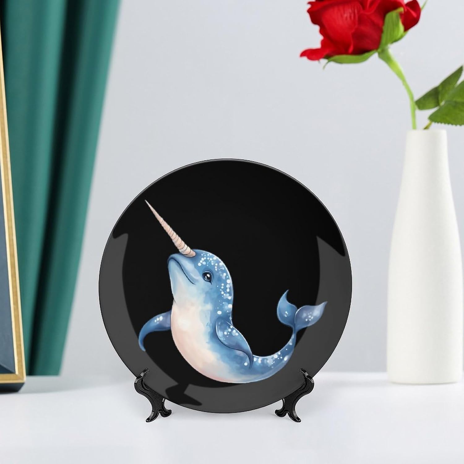 Cute Blue Narwhal Bone China Decorative Porcelain Plates Dinnerware Ornaments