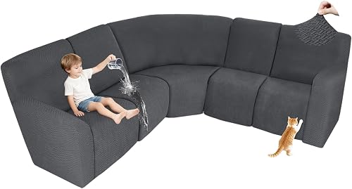 ALIECOM 100% Waterproof Recliner Sectional Couch Covers L Shape Stretch Corner Reclining Sectional Sofa Cover Washable Recliner Slipcover Protector for Dog Pet (5 Seat, Dark Grey)