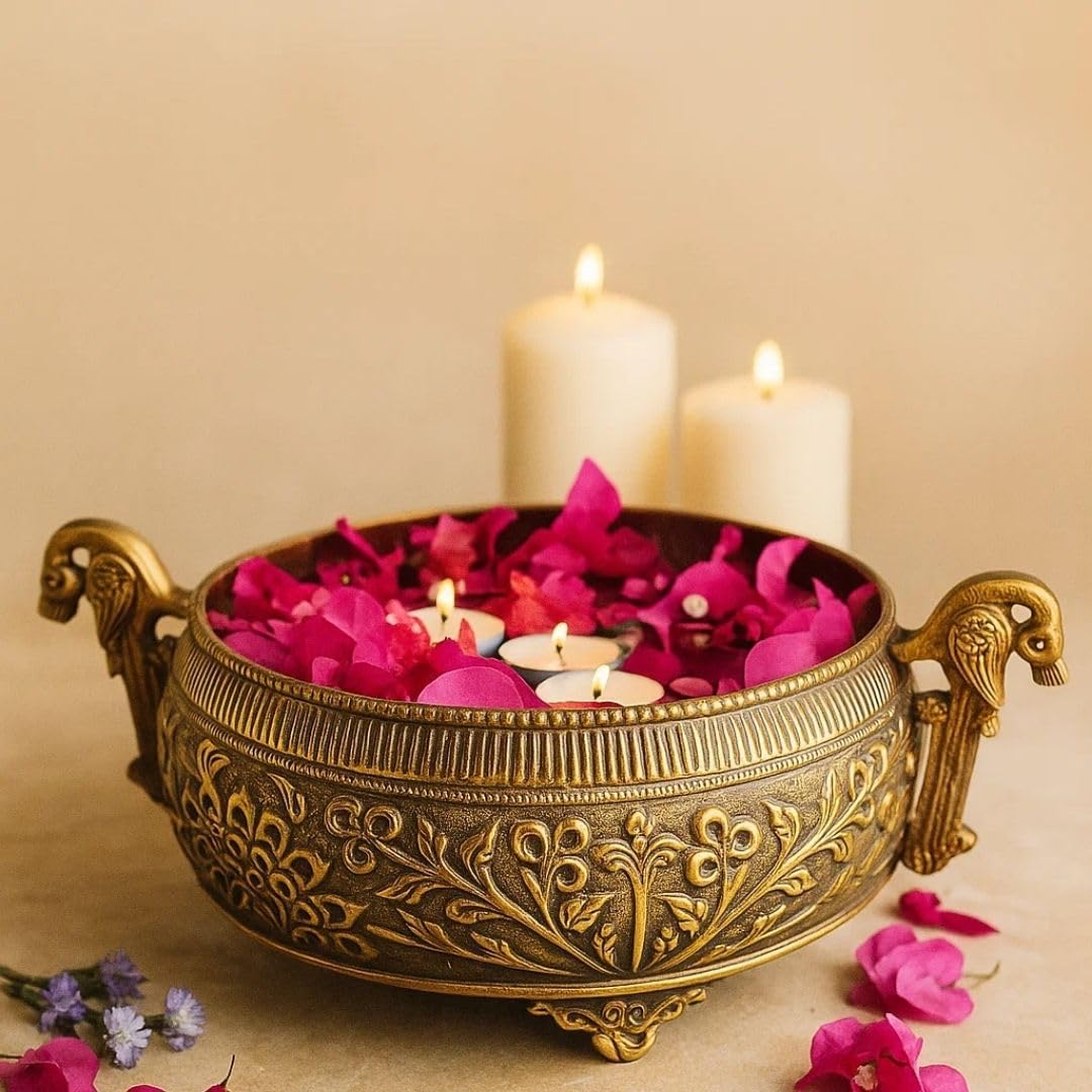 RITUALISTIC Peacock Brass Urli | Urli for Flower Decoration | Brass Urli Bowl for Home Decorations | Kitchen Décor | Bowl for Decoration | Perfect for Housewarming & Valentine's day Gifts